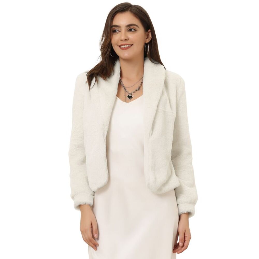 Winter Cropped Jacket Lapel Faux Fur Fluffy Coat Beige